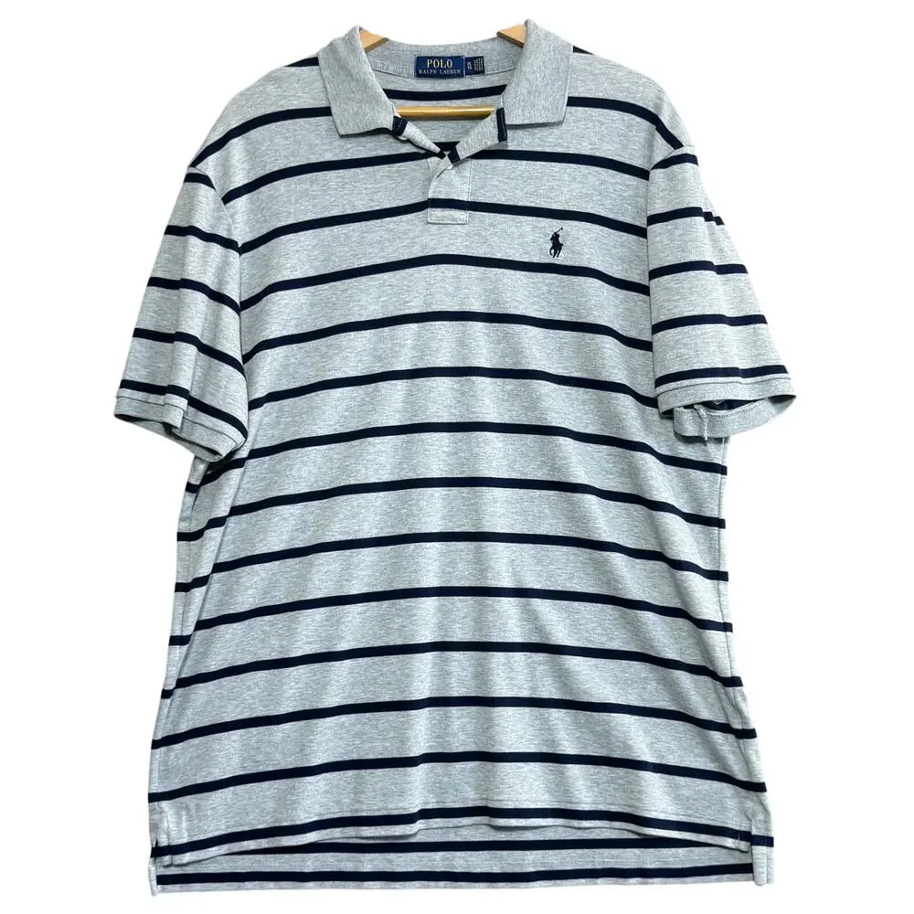 Polo Ralph Lauren Mens Gray Striped Collared Short Sleeve‎ Polo Shirt Size XL